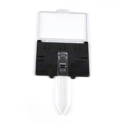 Portaprecios cassette marco negro A7. Vista trasera abierto con pincho