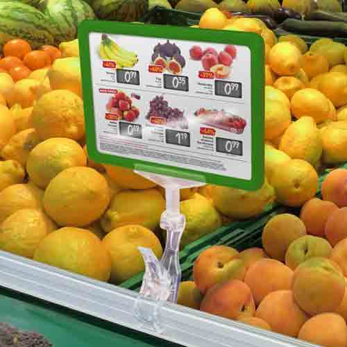 Pinza para marco de plástico PLV ejemplo en frutería