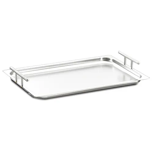 Bandeja Gastronorm de acero inoxidable con asas laterales fijas para hostelería y buffet.