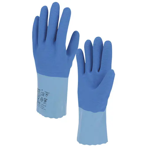 Par de guantes azules de l&aacute;tex para pescadero con superficie rugosa antideslizante y pu&ntilde;o largo, mostrando marcado CE y normativas de seguridad.