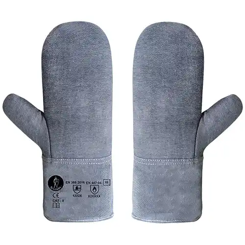 Par de manoplas antical&oacute;ricas textiles de color gris/azul (tipo lona) para horno, con marcado CE y normativa de seguridad visible.