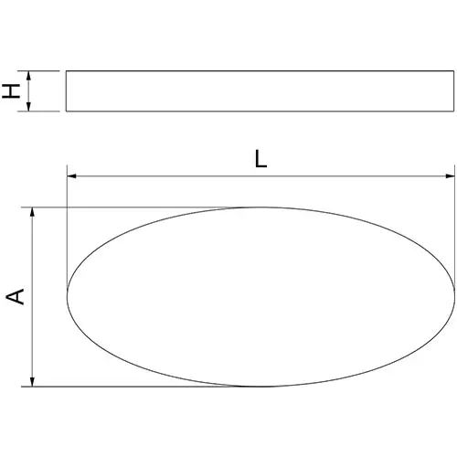 Plano técnico indicando largo, ancho y alto de la bandeja ovalada de acero inoxidable.