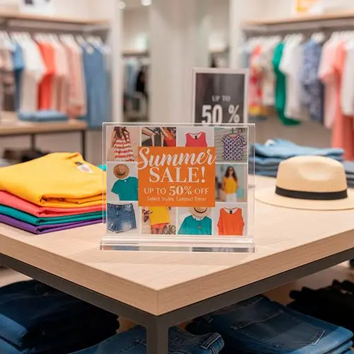 Portagráficas de metacrilato en Y para ofertas y promociones en tiendas de ropa