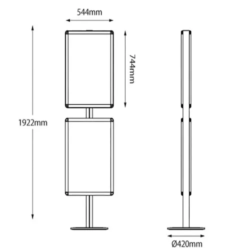 Esquema medidas del Atril expositor de aluminio con pie (dos caras)