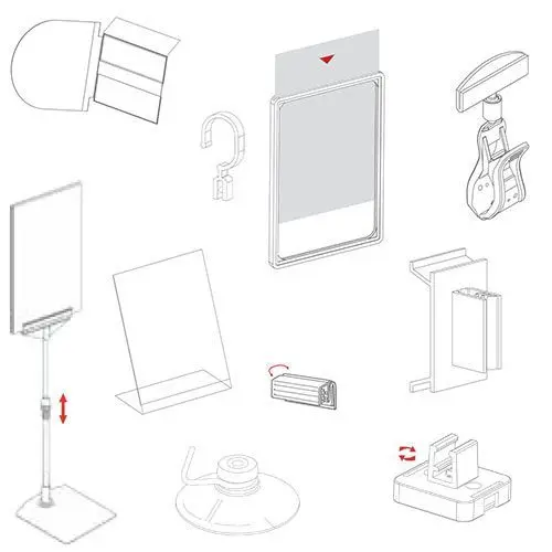 Variedad de art&iacute;culos de carteler&iacute;a y se&ntilde;alizaci&oacute;n comercial para tiendas, mostrando carteles promocionales, letreros informativos de pasillo y cartulinas de ofertas.