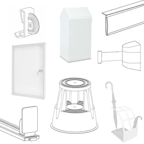Diferentes soluciones de equipamiento comercial para tiendas, supermercados y almacenes, incluyendo cestas, bandejas, postes separadores y optimizadores de lineal.