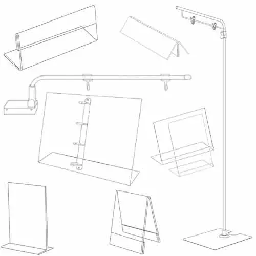 Diferentes modelos de expositores portagr&aacute;ficas de metacrilato transparente para comercios, mostrando soportes de sobremesa en forma de L inclinada y T de doble cara.