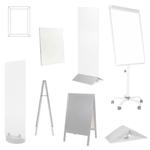 Conjunto de soportes publicitarios para comercios y empresas, mostrando marcos abatibles para carteles, pizarras de caballete, displays y portafolletos de metacrilato.