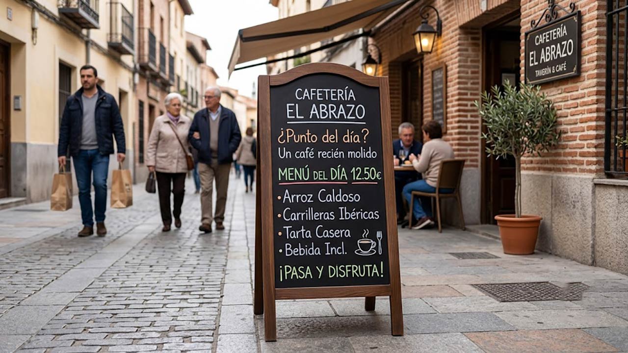 Pizarra de caballete de madera negra en la acera de una cafeter&iacute;a con el men&uacute; del d&iacute;a.