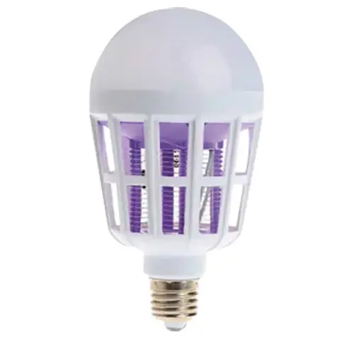 Bombilla LED antimosquitos de 15W con rosca est&aacute;ndar, luz de iluminaci&oacute;n y rejilla exterminadora de insectos voladores integrada.