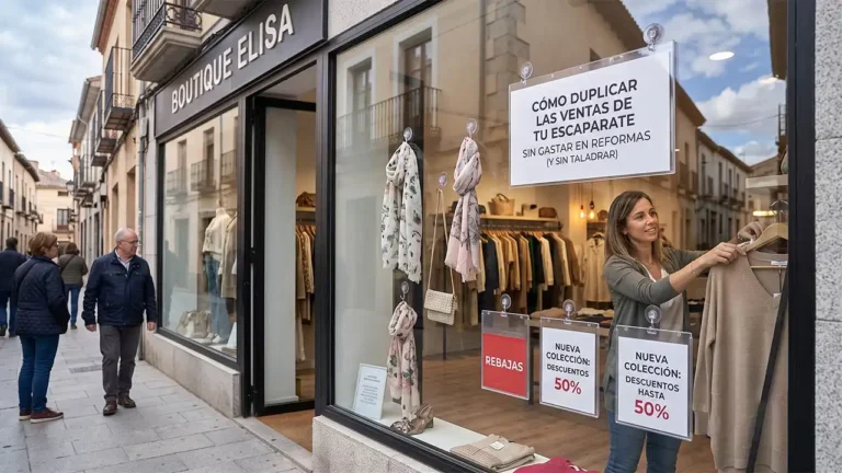 Escaparate de boutique de moda con cartel promocional colgado limpiamente en el cristal mediante ventosas profesionales transparentes.