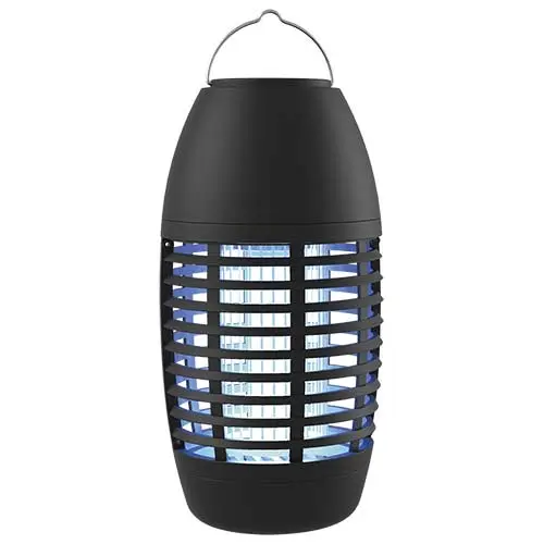 Exterminador de insectos port&aacute;til con bater&iacute;a recargable de 2000mA y carcasa de ABS negra con asa superior.