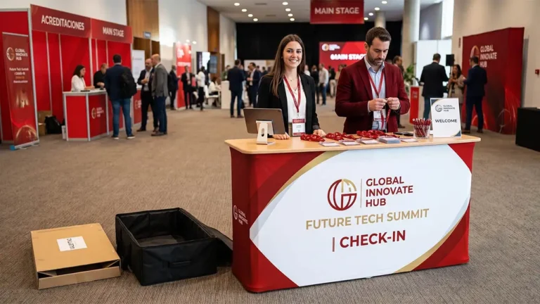 Chica del equipo de marketing montando un mostrador publicitario recto en un evento corporativo en menos de 5 minutos.