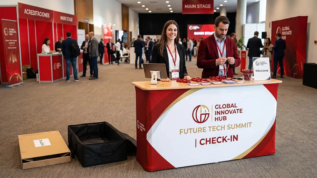 Chica del equipo de marketing montando un mostrador publicitario recto en un evento corporativo en menos de 5 minutos.
