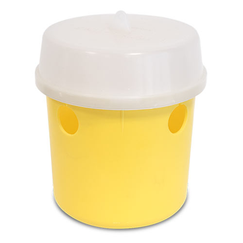 Trampa mosquero para control de mosca de la fruta y olivo con base amarilla, tapa blanca y capacidad de 400 cc